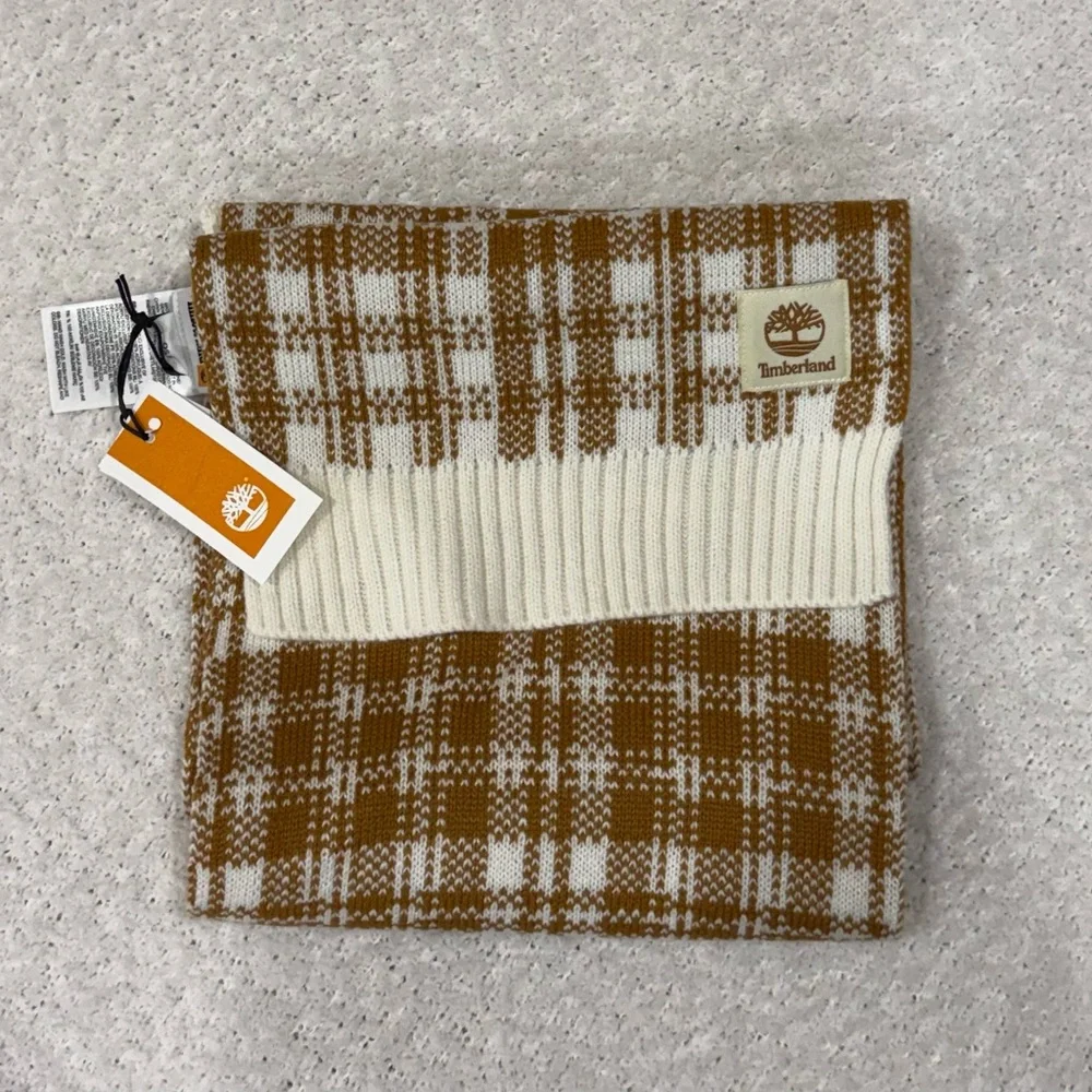 Timberland Plaid Knit Scarf Tan Cream Unisex Winter Warm Soft 10”x66” NWT